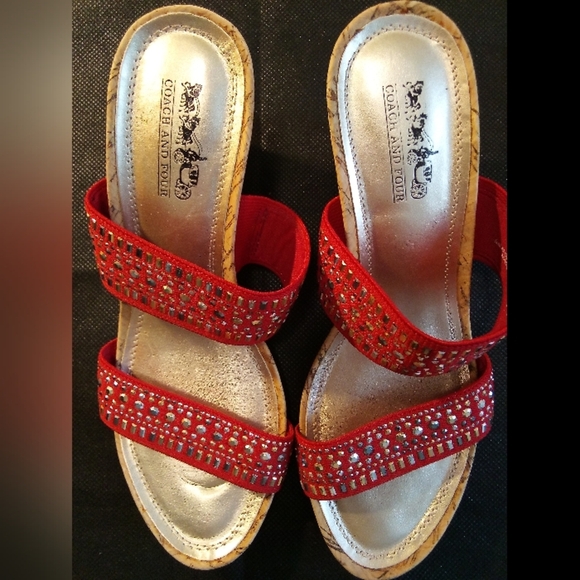 Coach & Four -NWT Cork Wedge Sandal, Two Red Fabric Straps Accented W/Gold Accen - Picture 10 of 10
